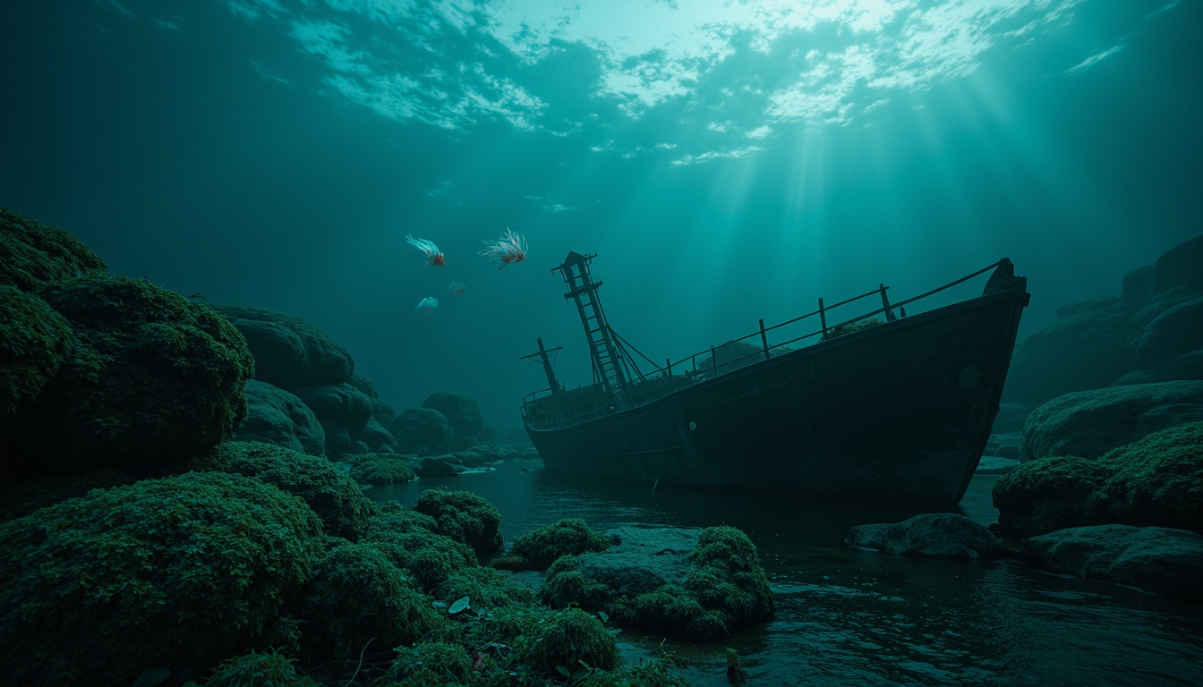 Prompt: Mysterious underwater scene, dark cyan hues, eerie bioluminescent creatures, glowing jellyfish, abandoned shipwreck, rusty metal debris, seaweed-covered rocks, misty ocean atmosphere, soft blue-green lighting, shallow depth of field, 1/2 composition, cinematic mood, realistic water textures, subtle ambient occlusion.