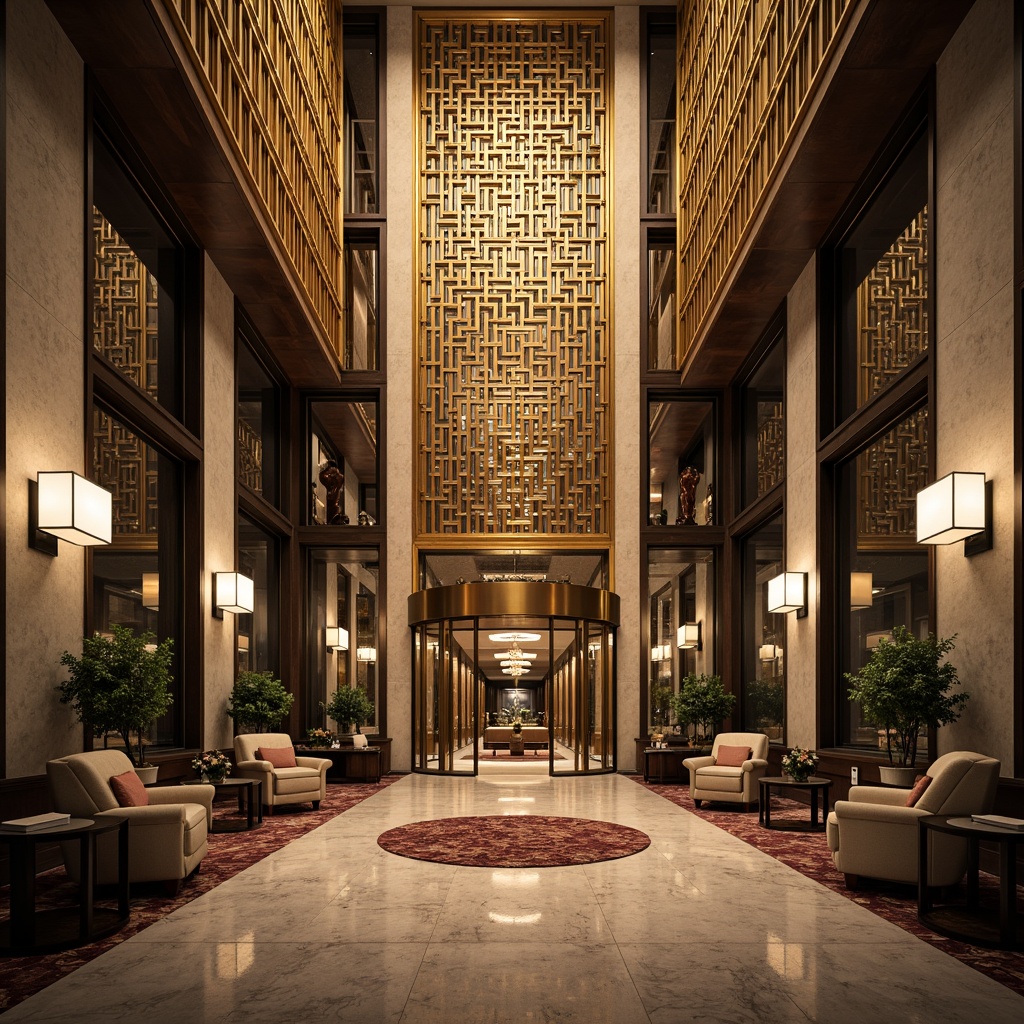 Prompt: Glamorous office building, ornate Art Deco facade, geometric patterns, metallic accents, grand entrance, revolving doors, polished marble lobby, luxurious chandeliers, high ceilings, large windows, vertical lines, symmetrical composition, warm golden lighting, shallow depth of field, 1/2 composition, realistic textures, ambient occlusion.