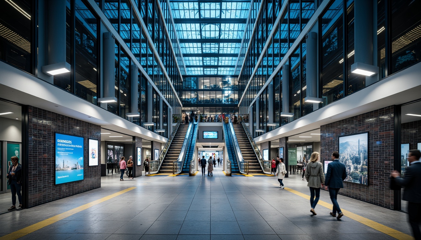 Prompt: Modern metro station, sleek glass facades, steel beams, polished concrete floors, vibrant LED lighting, dynamic digital displays, futuristic escalators, spacious platforms, intricate tile patterns, durable ceramic walls, sustainable recycled materials, energy-efficient systems, natural ventilation, ample daylight, shallow depth of field, 3/4 composition, panoramic view, realistic textures, ambient occlusion.