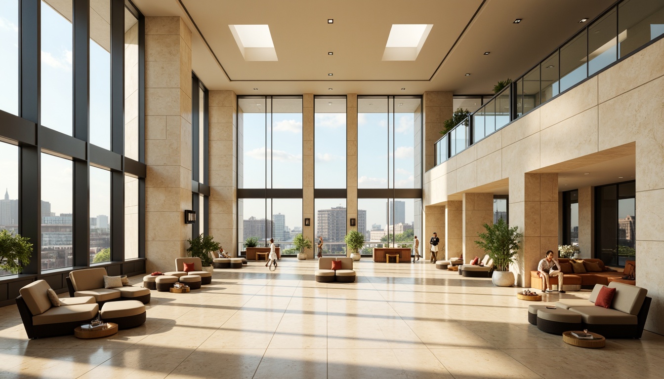 Prompt: Luxurious hotel lobby, high ceilings, floor-to-ceiling windows, sliding glass doors, transparent corridors, minimalist furnishings, cream-colored marble floors, soft warm lighting, indirect sunlight, north-facing orientation, clerestory windows, skylights, light wells, reflective surfaces, polished chrome accents, airy atriums, open staircases, curved balconies, panoramic views, cityscape vistas, morning sunlight, gentle shadows, 1/2 composition, shallow depth of field.