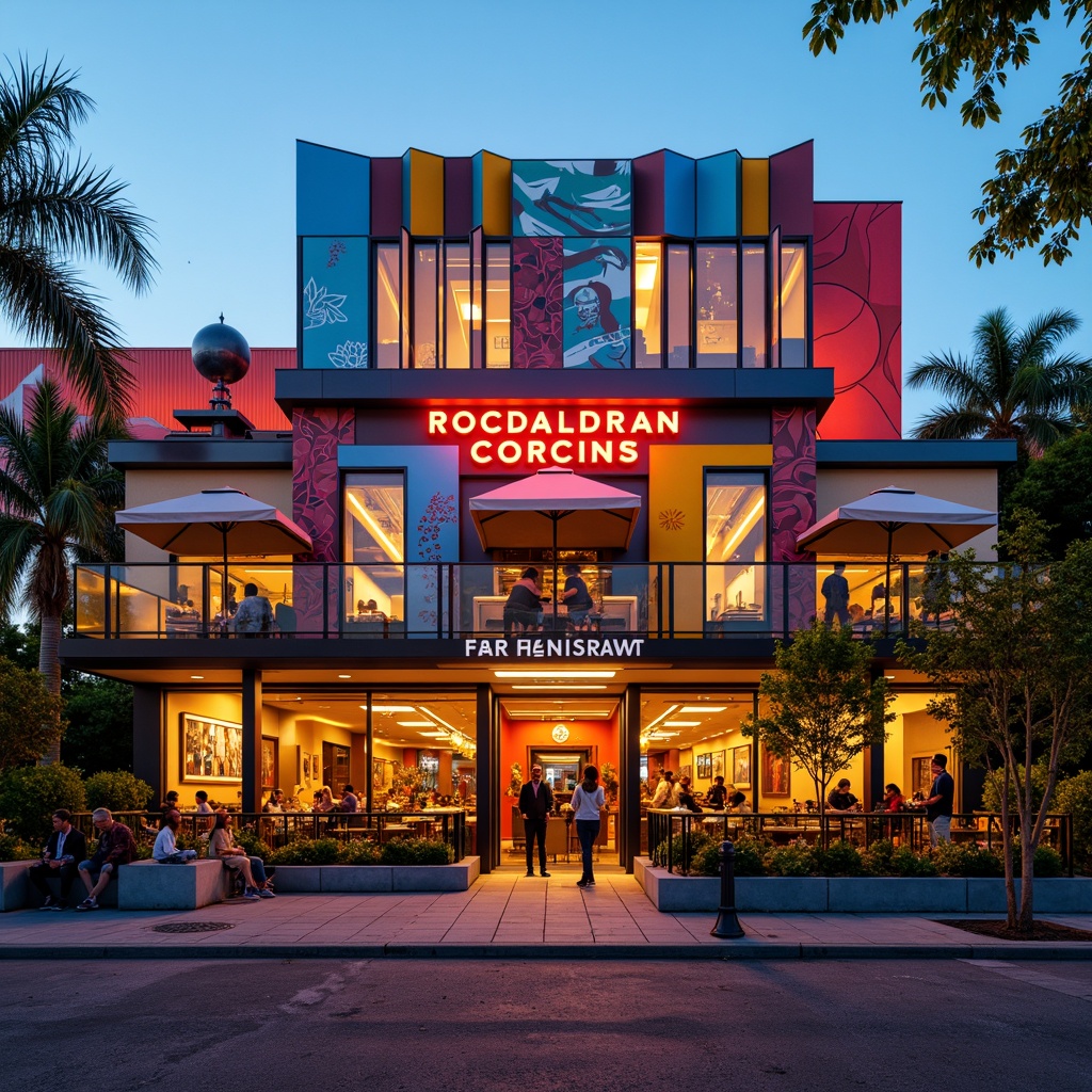 Prompt: Vibrant restaurant facade, eclectic postmodernism style, irregular shapes, bold color blocking, playful geometric patterns, abstract murals, neon signage, metallic accents, reflective glass surfaces, cantilevered canopies, asymmetrical composition, dynamic lighting effects, warm golden illumination, shallow depth of field, 1/1 composition, realistic textures, ambient occlusion.