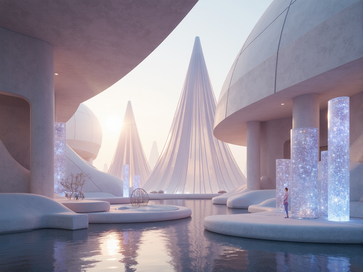 Prompt: Ethereal atmosphere, soft diffused light, delicate translucent fabrics, iridescent glass surfaces, shimmering crystal prisms, luminous LED installations, futuristic architecture, sleek minimalist design, subtle color gradients, ambient occlusion, misty morning dew, gentle warm glow, 1/1 composition, realistic reflections, high-key lighting.