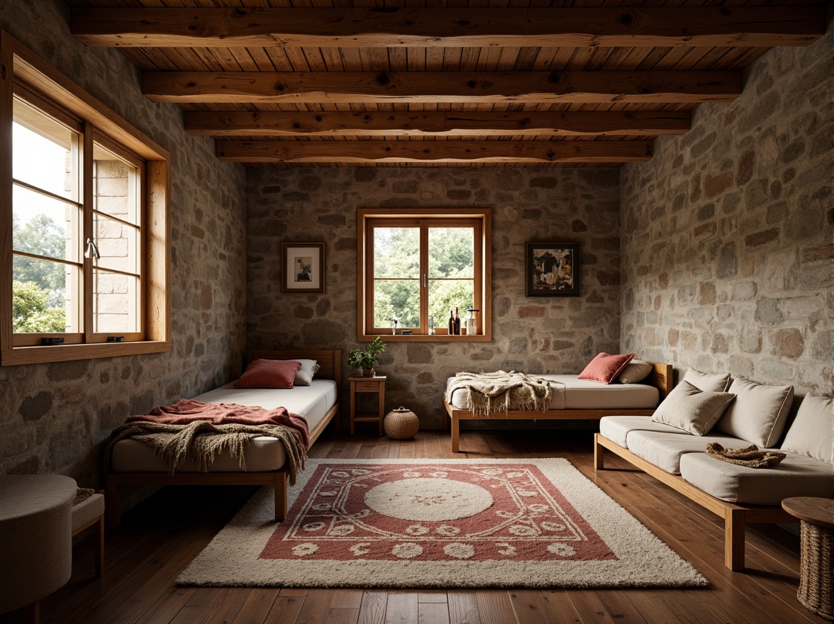 Prompt: Cozy dormitory, rustic wooden accents, earthy color palette, natural stone walls, exposed brick textures, vintage furniture pieces, woven textiles, plush carpets, warm ambient lighting, soft focus effect, 1/2 composition, inviting atmosphere, cultural heritage inspiration, regional material selection, eco-friendly furnishings, minimal ornamentation, functional simplicity, harmonious color harmony, tranquil retreat, relaxing ambiance.