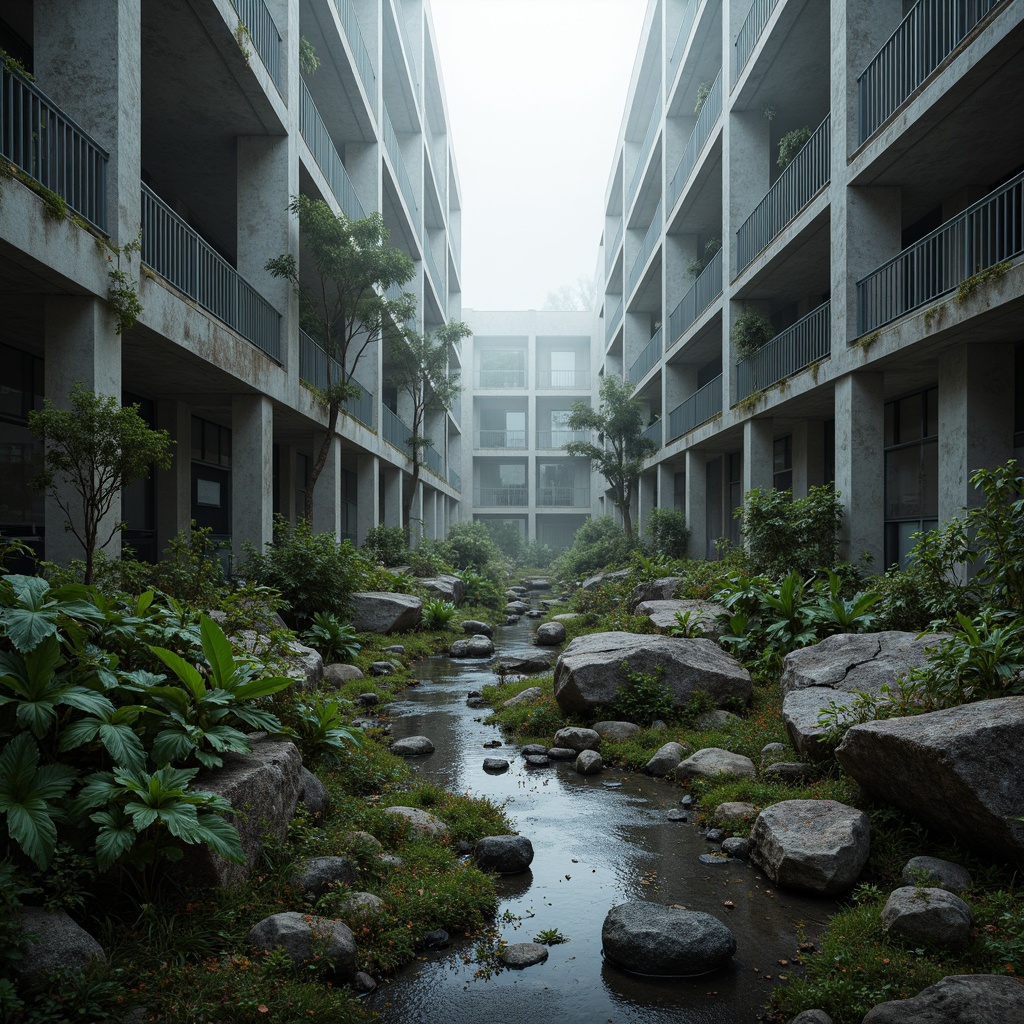 Prompt: Fragmented rocky formations, winding pathways, overgrown vegetation, distressed concrete structures, angular fragmented buildings, irregular shapes, clashing textures, bold vibrant colors, futuristic lighting, shallow depth of field, 1/1 composition, abstract reflections, atmospheric perspective, misty atmosphere, eerie silence.