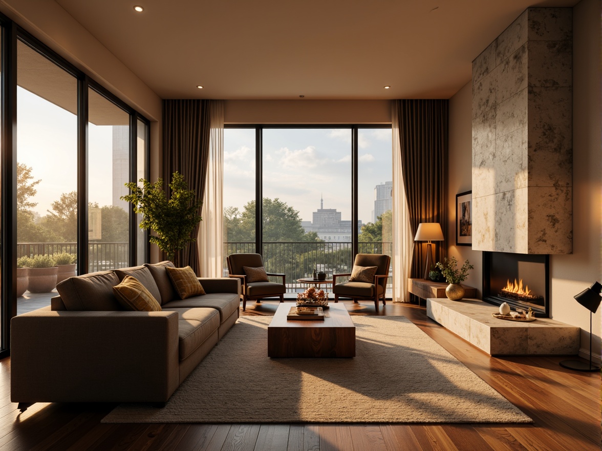 Prompt: Cozy living room, warm ambient glow, softbox lights, comfortable sofas, wooden coffee tables, modern minimalist decor, floor-to-ceiling windows, natural daylight, gentle evening atmosphere, warm color temperatures, subtle shadows, 1/1 composition, realistic textures, ambient occlusion.