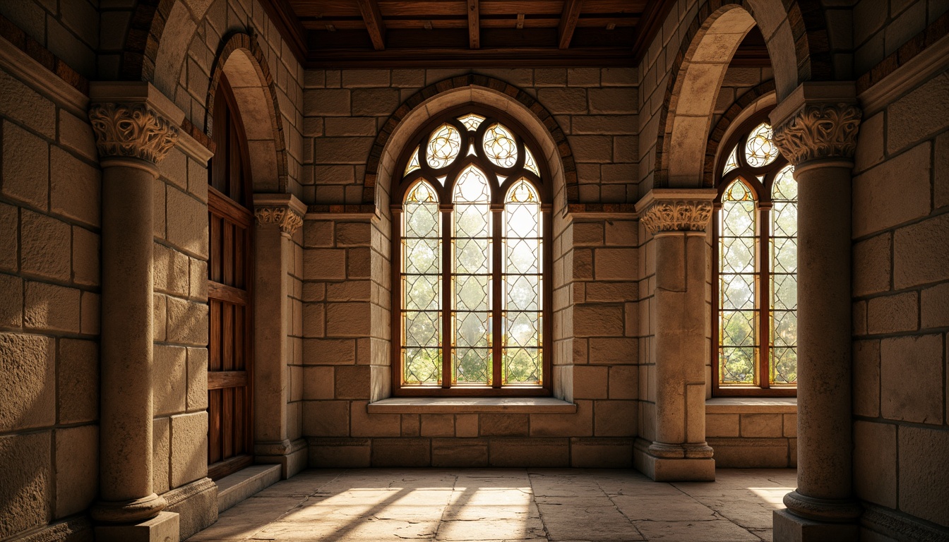 Prompt: Rustic stone walls, ornate carvings, grand arched windows, stained glass details, intricate column capitals, weathered brick facades, medieval-inspired architecture, warm golden lighting, soft misty atmosphere, shallow depth of field, 1/2 composition, symmetrical framing, rich textures, ambient occlusion.