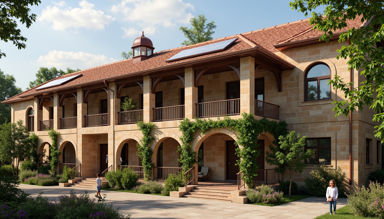 Prompt: Rustic school building, Romanesque style architecture, ornate stone carvings, curved archways, vibrant red terracotta roof tiles, solar panels, green roofs, innovative drainage systems, weathered copper gutters, decorative rainwater harvesting tanks, lush ivy climbing walls, natural stone foundations, warm earthy color palette, soft warm lighting, shallow depth of field, 3/4 composition, panoramic view, realistic textures, ambient occlusion.