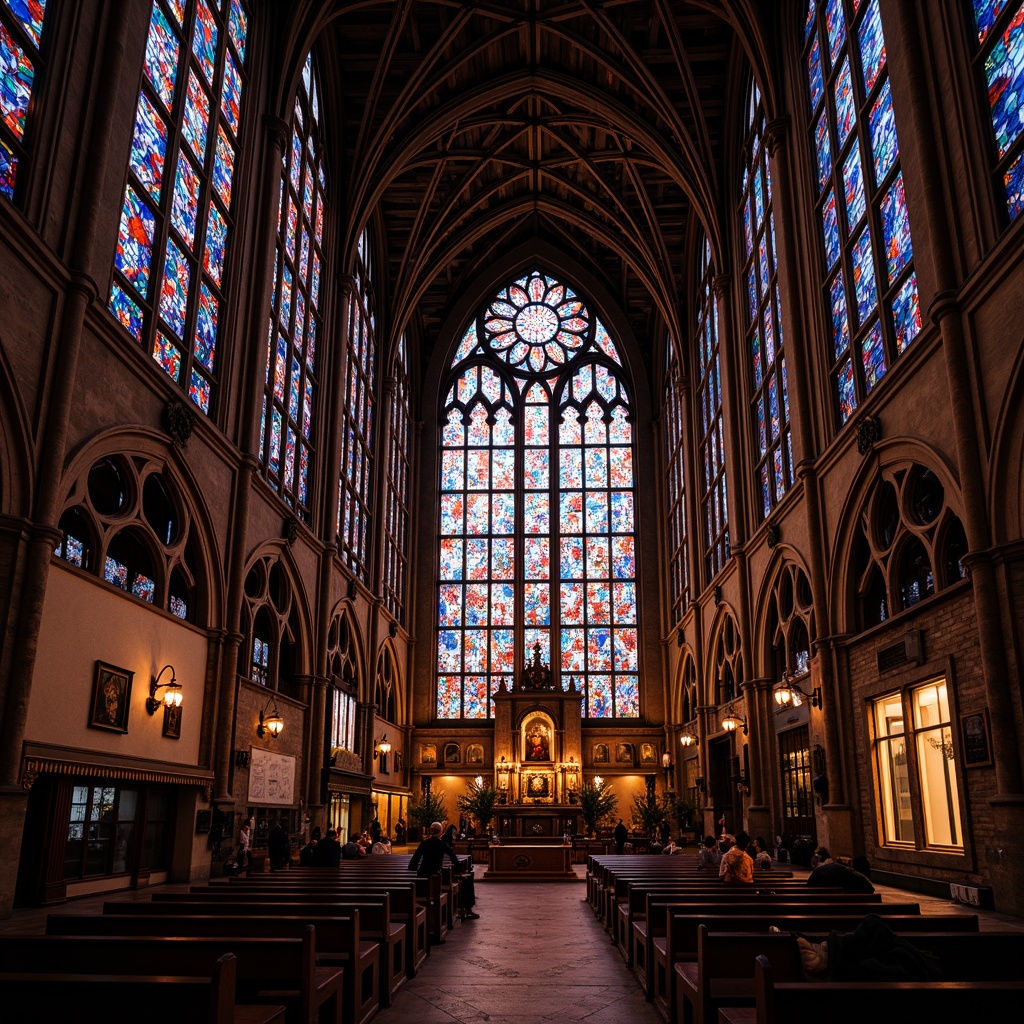 Prompt: Vibrant stained glass windows, kaleidoscope colors, intricate patterns, ornate designs, Gothic architecture, grand cathedrals, serene chapels, mystical ambiance, soft warm lighting, shallow depth of field, 3/4 composition, panoramic view, realistic textures, ambient occlusion.