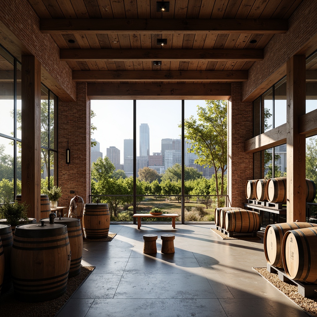 Prompt: Rustic winery, industrial chic, exposed brick walls, wooden barrels, metal accents, urban skyline, cityscape integration, modern structuralism, angular lines, minimalist design, reclaimed wood, polished concrete floors, large windows, natural light, soft warm lighting, shallow depth of field, 3/4 composition, panoramic view, realistic textures, ambient occlusion, vibrant greenery, lush vines, wine-making equipment, fermentation tanks, oak aging barrels, wine cellar, tasting room, rustic decor, earthy tones.