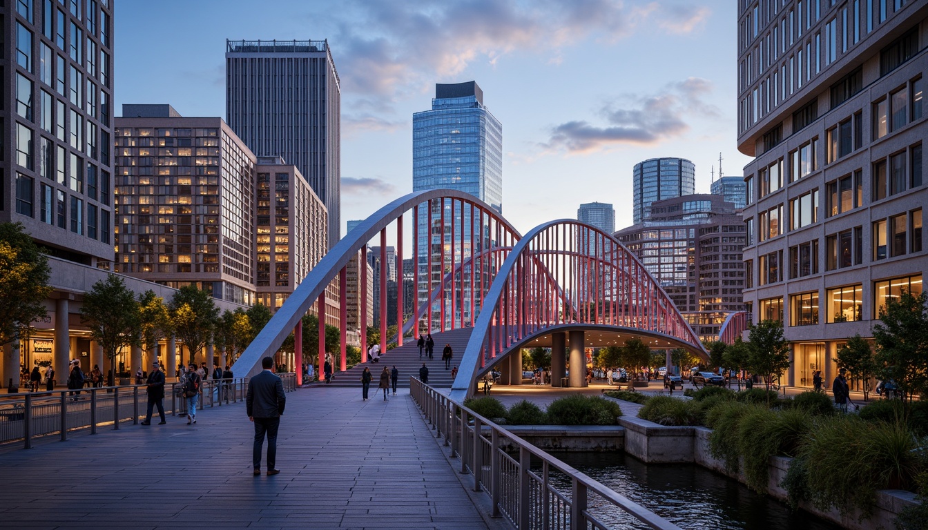 Prompt: Elegant pedestrian bridge, curved steel arches, suspended walkways, ornate metal railings, intricate latticework, vibrant LED lighting, urban cityscape, bustling streets, modern skyscrapers, glass towers, concrete pillars, natural stone pavers, stainless steel handrails, futuristic architecture, dynamic shapes, 3D modeling, realistic reflections, shallow depth of field, 1/2 composition, warm golden hour lighting.