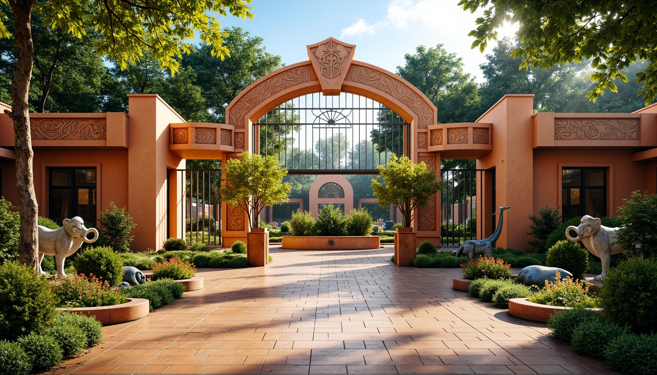 Prompt: Vibrant zoo entrance, Art Deco gates, ornate metalwork, lush greenery, tropical plants, exotic flowers, winding walkways, natural stone walls, curved lines, geometric patterns, bold colors, whimsical animal sculptures, intricate mosaics, sun-drenched courtyards, shaded seating areas, panoramic views, 3/4 composition, warm golden lighting, realistic textures, ambient occlusion.