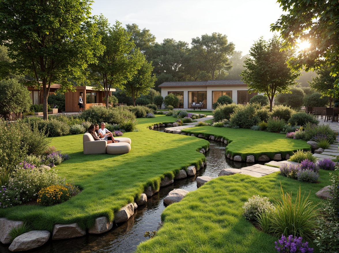 Prompt: Lush green grass, organic shapes, natural stone seating, reclaimed wood accents, living walls, vibrant flowers, native plant species, winding walkways, meandering streams, rustic wooden bridges, earthy color palette, soft warm lighting, shallow depth of field, 3/4 composition, panoramic view, realistic textures, ambient occlusion.