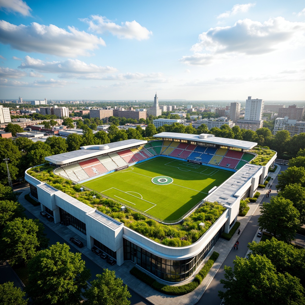 Prompt: Eco-friendly soccer stadium, lush green roof, solar panels, rainwater harvesting system, recycled building materials, natural ventilation systems, energy-efficient LED lighting, organic food vendors, composting programs, waste reduction initiatives, green spaces, urban forest surroundings, modern curved architecture, transparent glass fa\u00e7ades, cantilevered roofs, dynamic seating areas, vibrant colorful branding, sunny day, soft warm lighting, shallow depth of field, 3/4 composition, panoramic view, realistic textures, ambient occlusion.