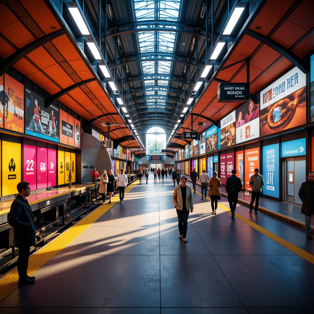 Prompt: Vibrant metro station, bold color blocking, contrasting hues, futuristic architecture, sleek metal beams, glowing LED lights, dynamic signage, geometric patterns, urban modernity, bustling atmosphere, rush hour crowds, morning sunlight, warm ambient lighting, shallow depth of field, 1/2 composition, panoramic view, realistic textures, ambient occlusion.