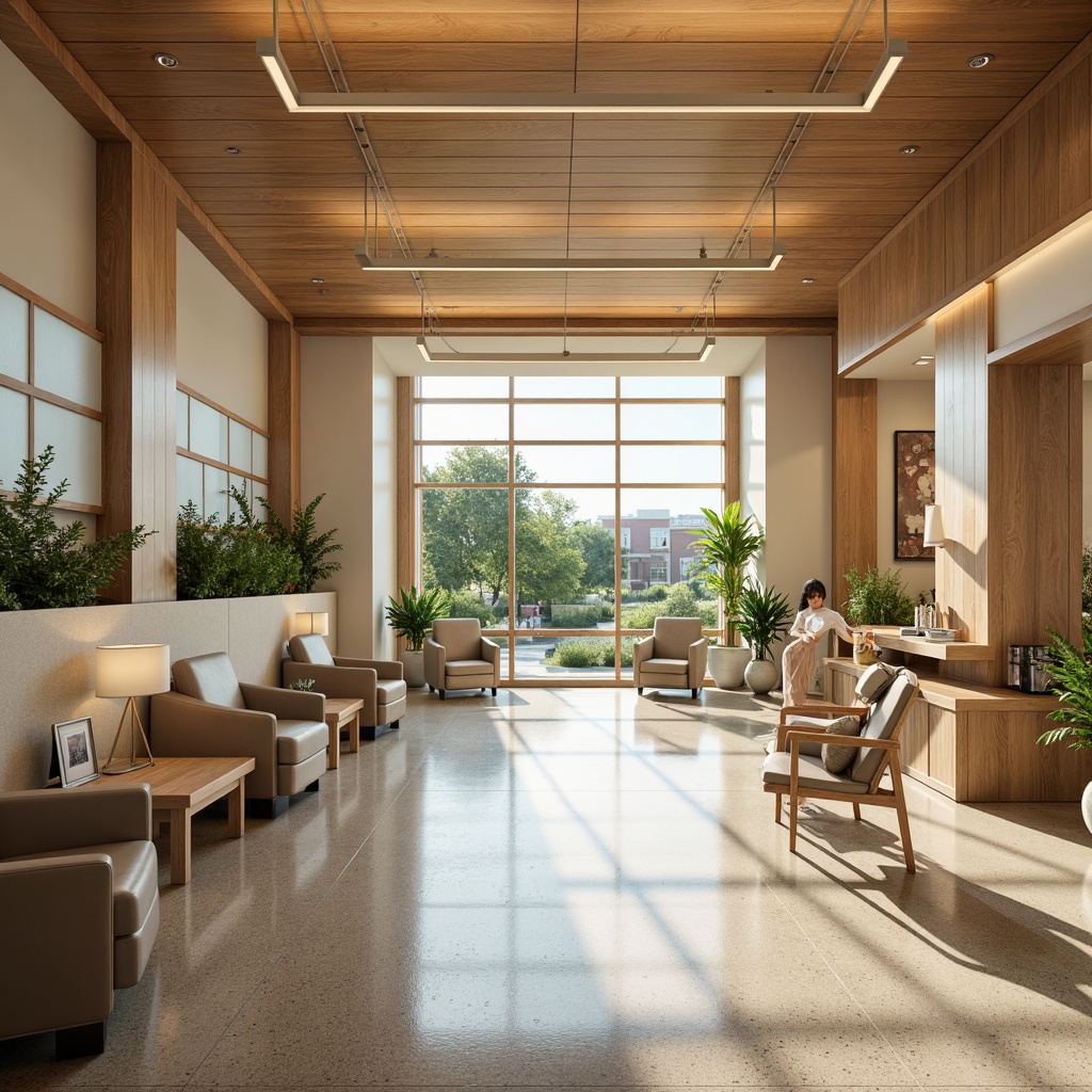 Prompt: Soothing healthcare facility, natural wood accents, calming color palette, acoustic ceiling tiles, comfortable seating areas, warm lighting fixtures, non-toxic flooring materials, antimicrobial surfaces, ergonomic furniture design, minimal noise levels, abundant natural light, open floor plans, circular nurse stations, private patient rooms, soft-close doors, gentle water features, lush green walls, air purification systems, calming artwork displays, serene outdoor gardens, shaded courtyards, warm beige tones, 1/1 composition, realistic textures, ambient occlusion.