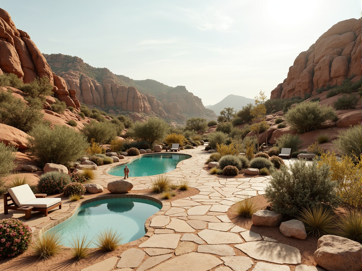 Prompt: Arid desert landscape, cacti and succulents, sandy dunes, rocky outcrops, vibrant turquoise pools, meandering stone pathways, weathered wooden benches, xeriscape gardens, drought-tolerant plants, minimalist water features, rustic metal decor, warm sunny day, soft golden lighting, low-lying fog, 1/2 composition, realistic rock textures, ambient occlusion.