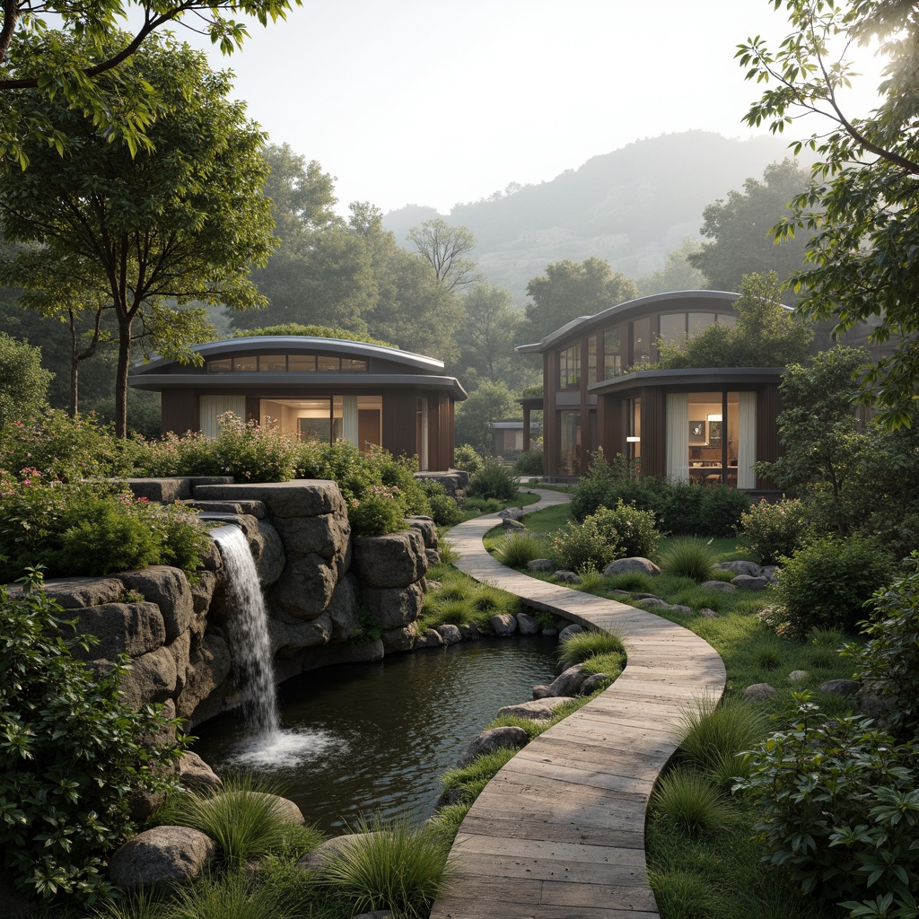 Prompt: Seamless landscape integration, organic building forms, natural stone walls, green roofs, cascading water features, lush vegetation, native plant species, meandering pathways, wooden boardwalks, panoramic views, misty atmosphere, soft warm lighting, 1/2 composition, realistic textures, ambient occlusion, serene ambiance.