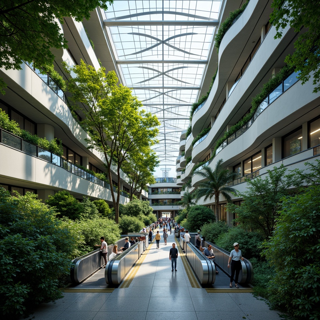 Prompt: Vibrant metro station, seamless landscape integration, lush greenery, natural light pouring in, curved glass ceilings, sleek modern architecture, polished steel beams, futuristic escalators, dynamic LED lighting, bustling city atmosphere, morning rush hour, shallow depth of field, 1/2 composition, panoramic view, realistic textures, ambient occlusion.