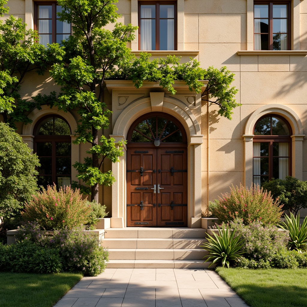 Prompt: Rustic school building, Romanesque style facade, arched windows, carved stone details, warm beige stonework, ornate doorway, heavy wooden doors, wrought iron hinges, vibrant green ivy, blooming flowers, sunny afternoon, soft warm lighting, shallow depth of field, 3/4 composition, symmetrical architecture, classic educational institution, historic charm, nostalgic ambiance, realistic textures, ambient occlusion.