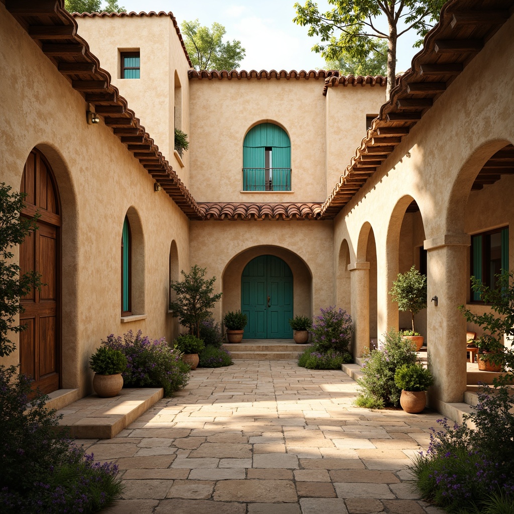 Prompt: Warm beige stone walls, rustic terracotta roofs, ornate carvings, grand archways, vibrant turquoise accents, earthy brown wooden doors, soft golden lighting, misty morning atmosphere, shallow depth of field, 1/2 composition, realistic textures, ambient occlusion, natural stone pathways, lush greenery, blooming flowers, serene courtyard, peaceful ambiance.