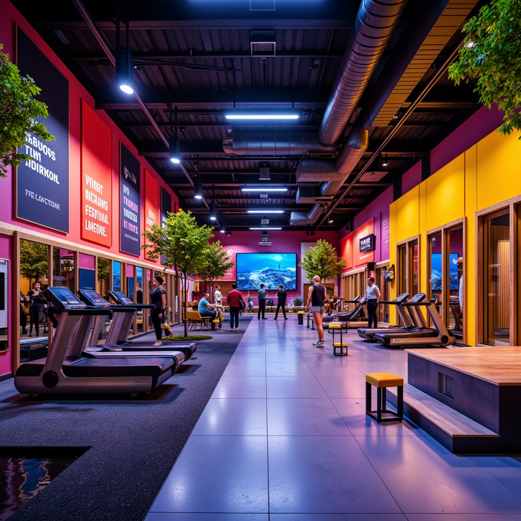 Prompt: Vibrant fitness club interior, bold color scheme, energetic atmosphere, dynamic lighting, motivational quotes, modern equipment, sleek metal accents, rubber flooring, mirrored walls, high ceilings, open spaces, natural wood tones, calming greenery, refreshing water features, invigorating aromas, 3/4 composition, shallow depth of field, panoramic view, realistic textures, ambient occlusion.