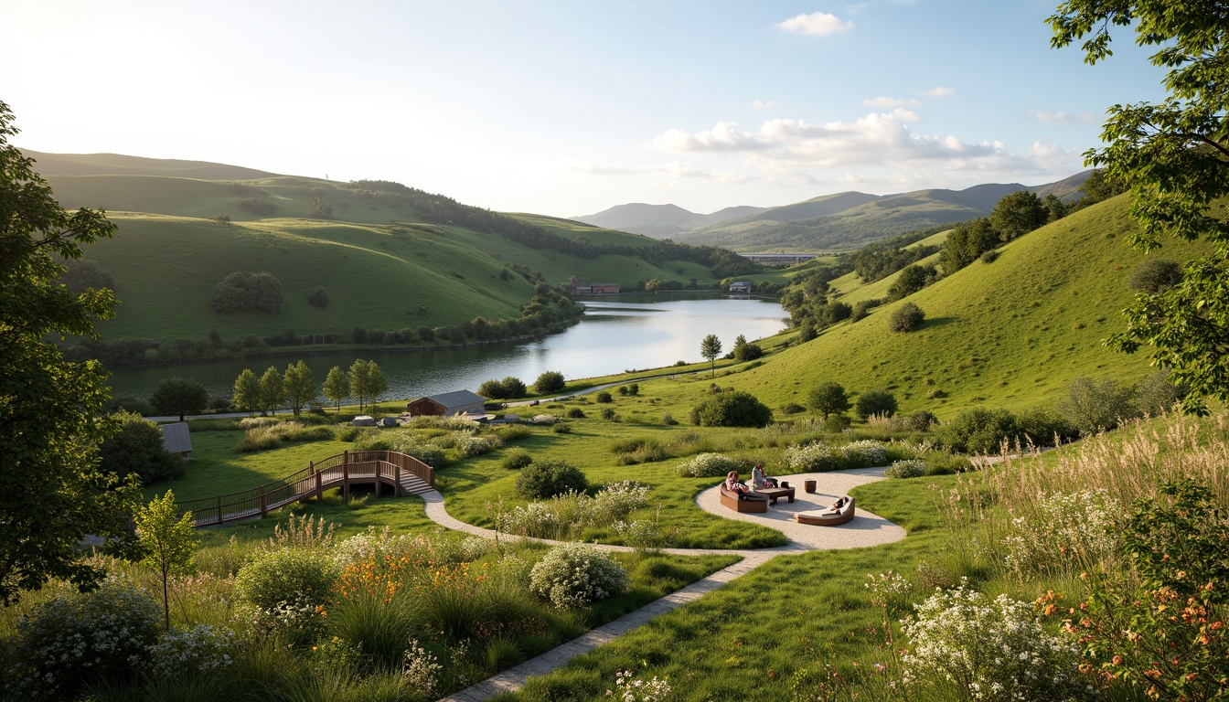 Prompt: Rolling hills, serene lakeside, lush greenery, vibrant wildflowers, meandering pathways, wooden bridges, natural stone seating, minimalist landscaping, eco-friendly materials, sustainable design, organic forms, curved lines, soft warm lighting, shallow depth of field, 3/4 composition, panoramic view, realistic textures, ambient occlusion.