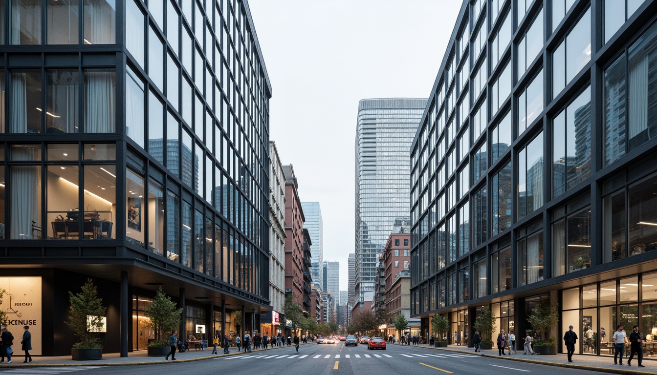 Prompt: Glass curtain walls, sleek metal frames, minimalist ornamentation, rectangular forms, flat roofs, cantilevered floors, open floor plans, functional simplicity, industrial materials, exposed ductwork, urban cityscape, busy streets, modern skyscrapers, concrete jungle, neutral color palette, abundant natural light, 1/1 composition, high contrast lighting, realistic reflections, ambient occlusion.