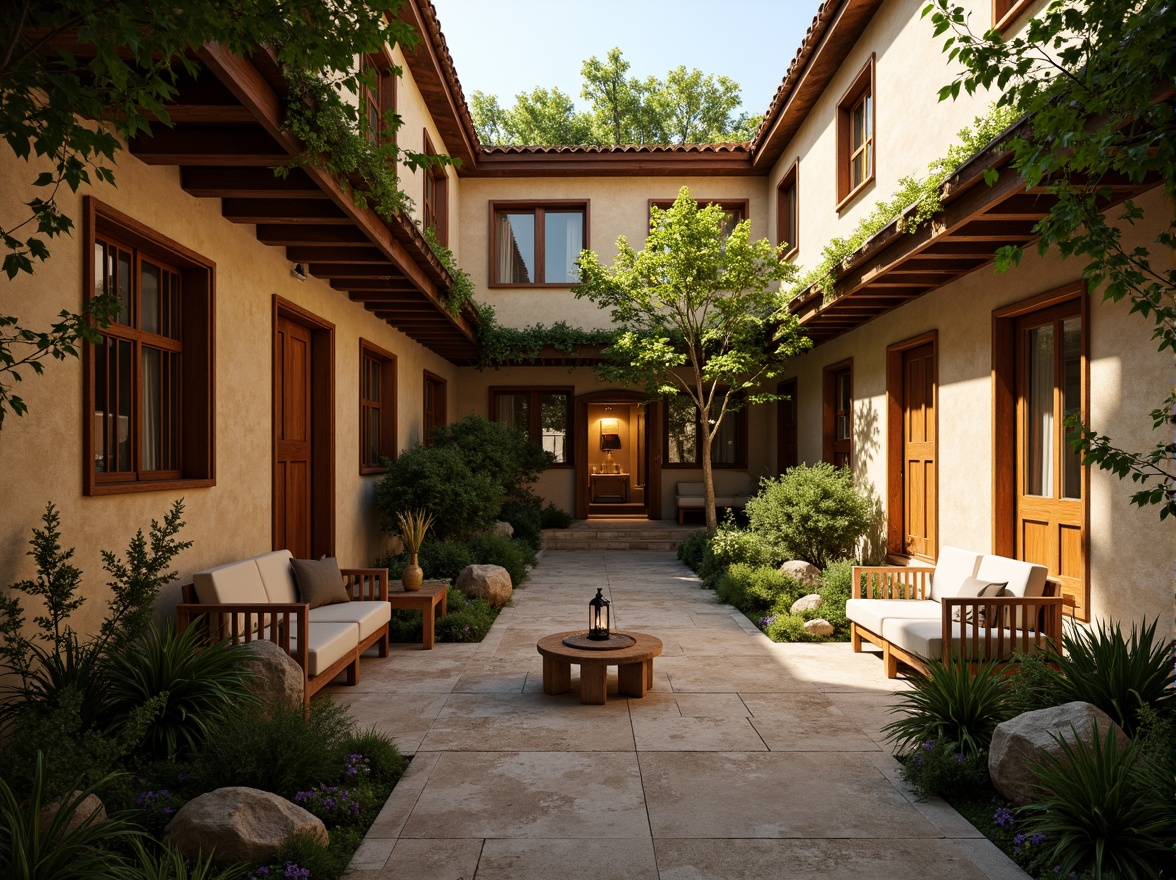 Prompt: Cozy dormitory, earthy tone bricks, warm beige stucco, rustic wooden accents, soft cream-colored walls, vibrant greenery, lush ivy climbing, natural stone pathways, comfortable seating areas, wooden benches, lantern-style lighting, warm golden illumination, shallow depth of field, 1/2 composition, intimate atmosphere, realistic textures, ambient occlusion.