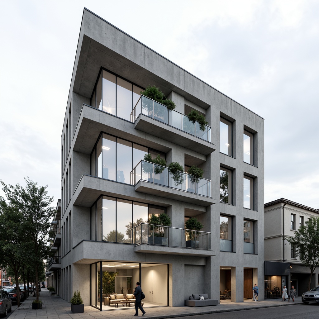 Prompt: Clean lines, simple shapes, monochromatic color scheme, minimalist facade, large glass windows, industrial metal frames, concrete walls, subtle texture patterns, neutral tone paint finishes, recessed balconies, horizontal emphasis, calm atmosphere, soft natural light, 1/1 composition, realistic materials, ambient occlusion.