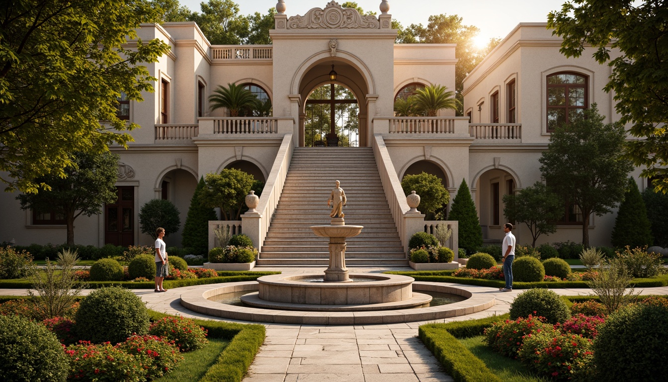 Prompt: Ornate fountain, grand staircase, symmetrical gardens, manicured hedges, topiary trees, vibrant flowerbeds, statues of mythological figures, intricate stone carvings, ornate iron gates, meandering walkways, tranquil ponds, reflecting pools, majestic entranceways, dramatic lighting effects, warm golden illumination, 1/2 composition, shallow depth of field, realistic textures, ambient occlusion.