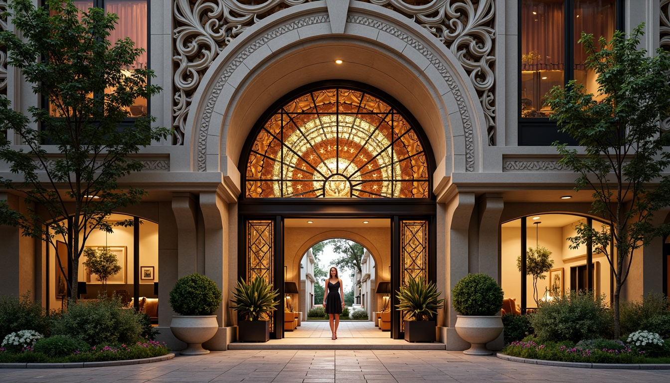 Prompt: Intricate ornate facades, flowing organic lines, sinuous curves, luxurious hotel entrance, grandiose doorway, ornamental ironwork, stained glass windows, asymmetrical composition, vibrant colors, floral patterns, botanical motifs, natural stone cladding, soft warm lighting, shallow depth of field, 3/4 composition, panoramic view, realistic textures, ambient occlusion.