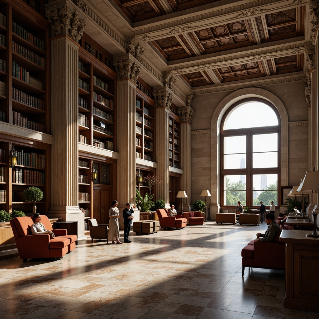 Prompt: Grandiose neoclassical library, majestic columns, ornate capitals, intricate carvings, polished marble floors, tall arched windows, grand reading rooms, rich wood paneling, comfortable seating areas, classic bookshelves, leather-bound tomes, warm soft lighting, shallow depth of field, 1/2 composition, realistic textures, ambient occlusion.