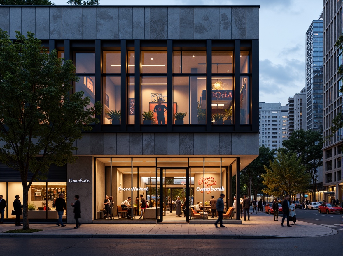 Prompt: Rustic fitness club facade, exposed concrete walls, metallic beams, industrial-chic architecture, minimalist design, angular lines, modern structuralism style, large windows, transparent glass doors, neon signage, urban cityscape, busy streets, evening atmosphere, warm color tone, high-contrast lighting, dramatic shadows, 1/2 composition, low-angle shot, realistic textures, ambient occlusion.