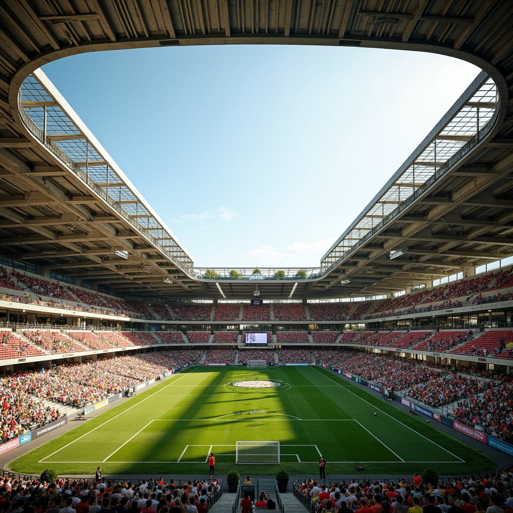 Prompt: Large soccer stadium, natural ventilation system, open-air design, green roofs, solar-powered fans, wind turbines, clerestory windows, high ceilings, exposed ductwork, minimalist architecture, steel beams, concrete structures, grassy playing fields, vibrant colorful seats, cheering crowds, sunny day, soft warm lighting, shallow depth of field, 3/4 composition, panoramic view, realistic textures, ambient occlusion.