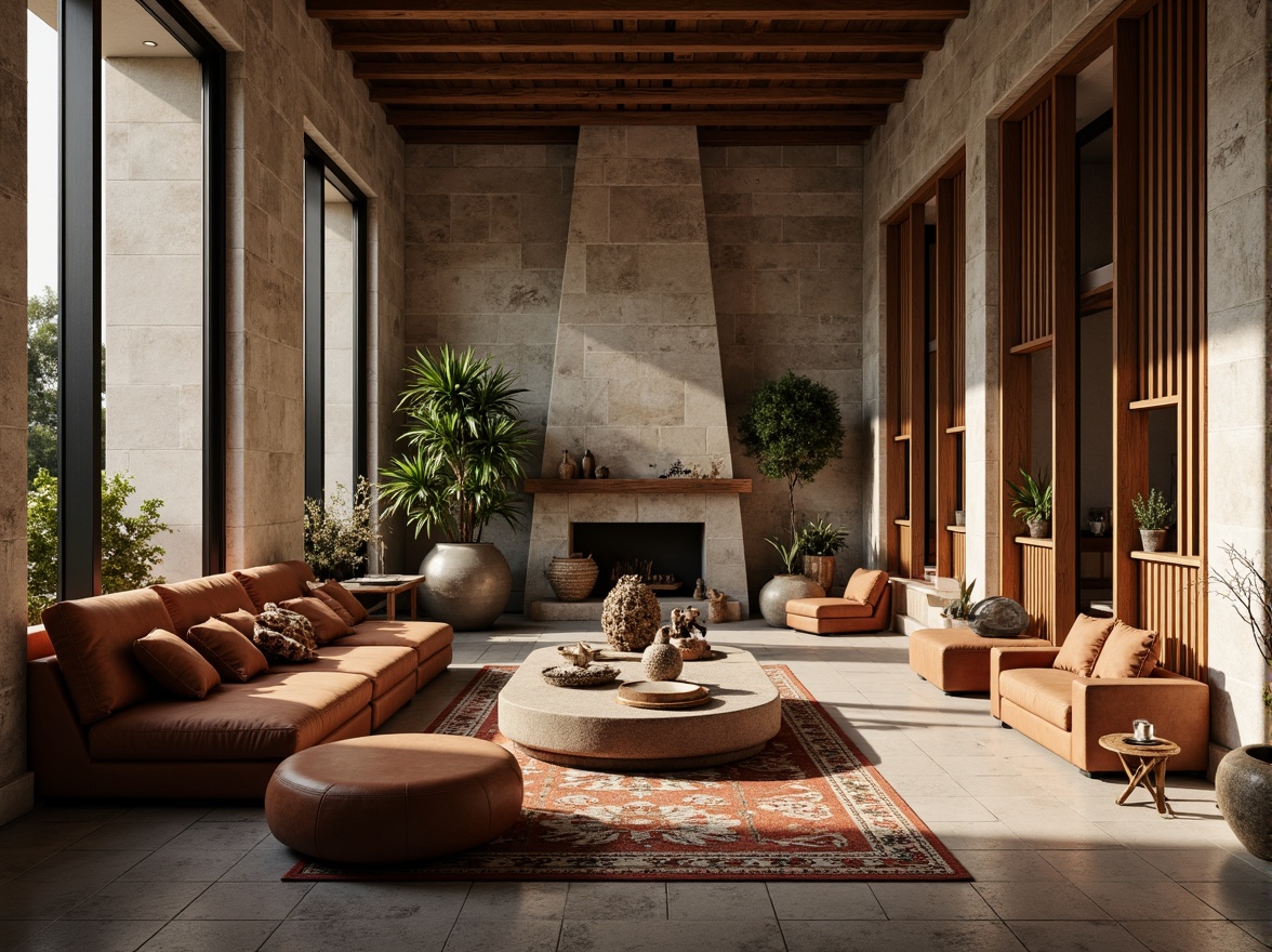 Prompt: Rustic stone walls, smooth wooden accents, metallic sheen, matte concrete floors, velvety soft furnishings, intricate tile mosaics, reflective glass surfaces, distressed leather textures, natural fiber rugs, earthy terracotta planters, organic shape sculptures, warm golden lighting, shallow depth of field, 2/3 composition, atmospheric perspective, realistic ambient occlusion.