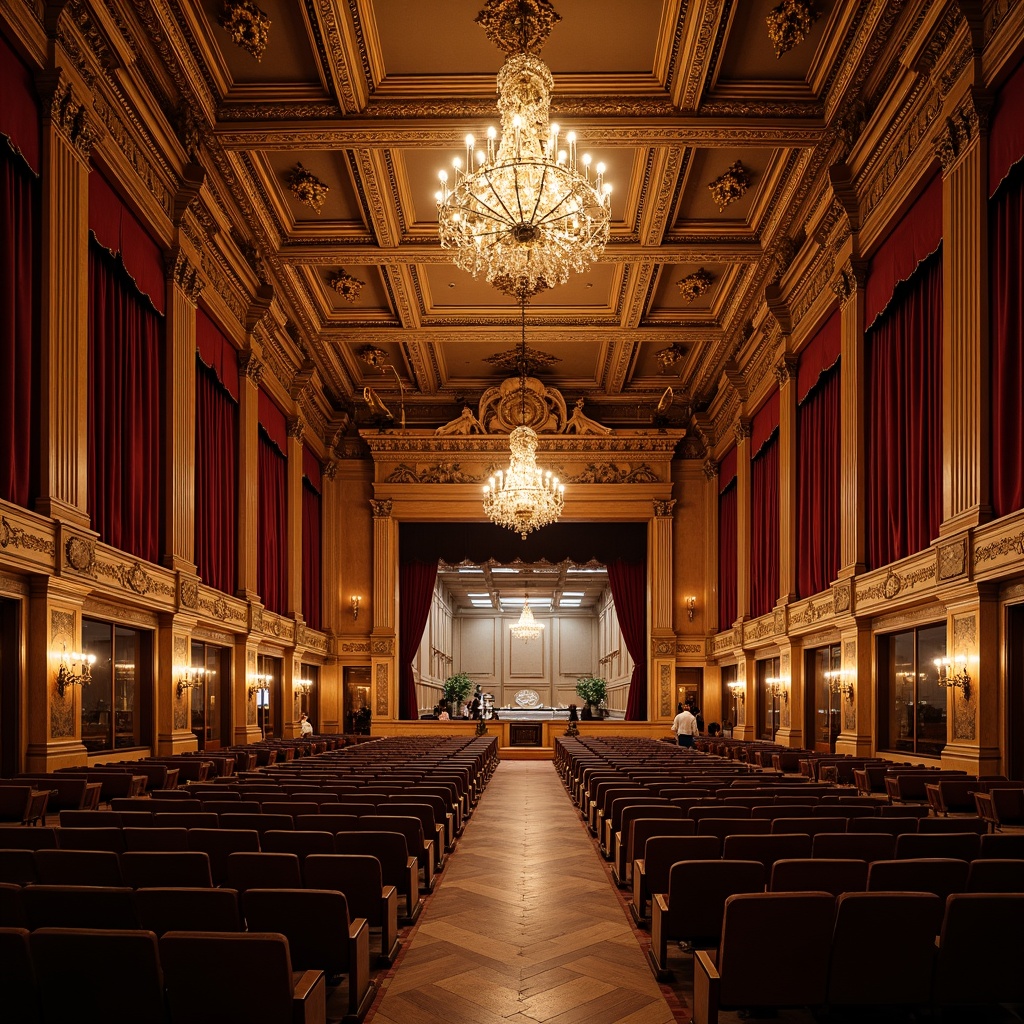 Prompt: Grand concert hall, ornate chandeliers, intricate wood carvings, velvet curtains, gilded accents, luxurious seating, polished marble floors, majestic stage, dramatic lighting, soft warm glow, shallow depth of field, 3/4 composition, panoramic view, realistic textures, ambient occlusion.