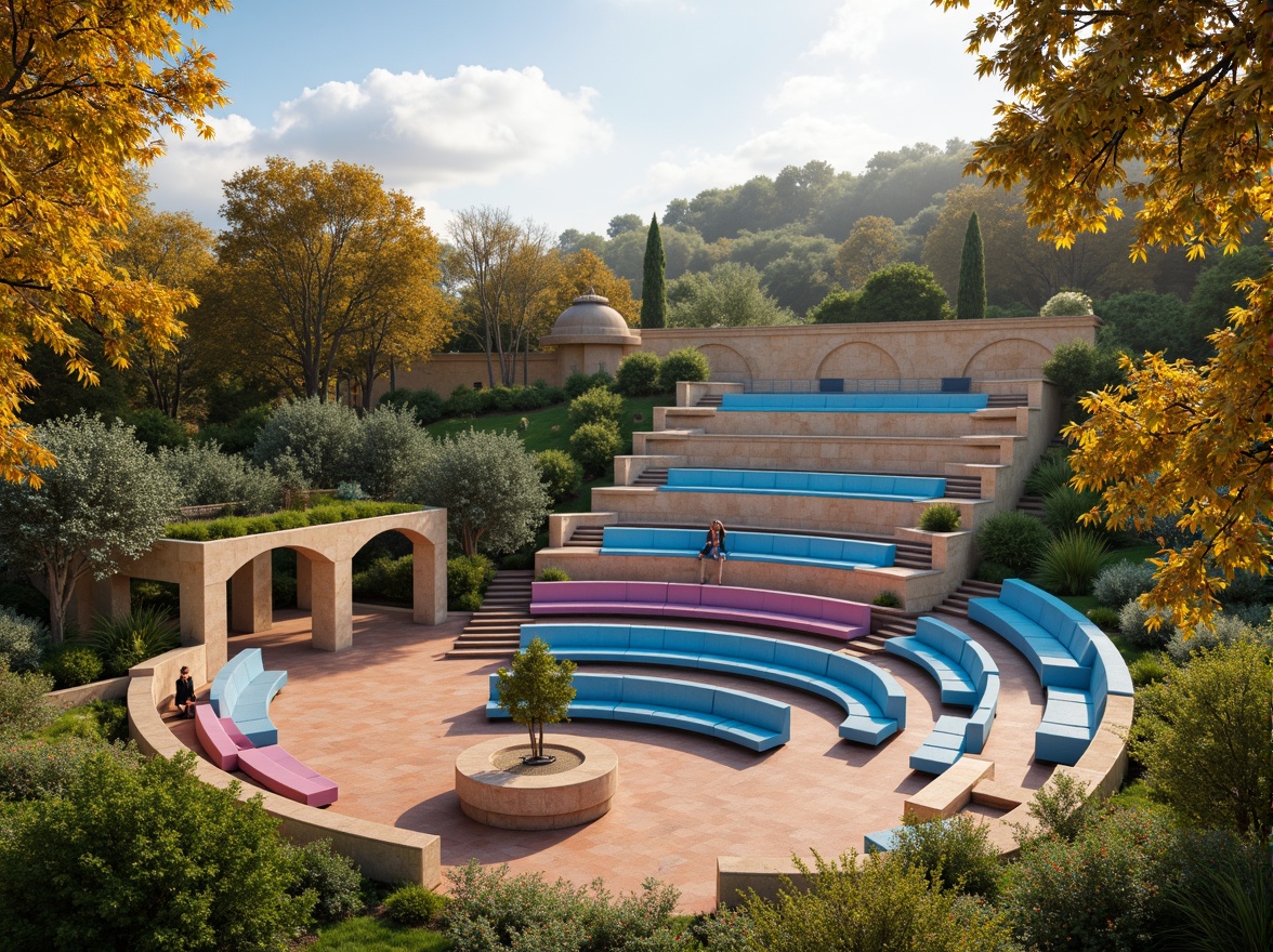 Prompt: Vibrant outdoor amphitheater, gradient blue seats, warm beige stone walls, lush green grassy slopes, natural wood accents, earthy terracotta flooring, soft golden lighting, sunset-inspired color palette, gentle misting system, panoramic views, 3/4 composition, realistic textures, ambient occlusion.