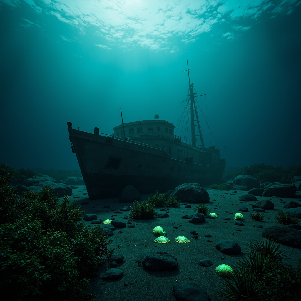 Prompt: Mysterious underwater scene, dark cyan hues, eerie bioluminescent creatures, glowing jellyfish, abandoned shipwreck, rusty metal debris, seaweed-covered rocks, misty ocean atmosphere, soft blue-green lighting, shallow depth of field, 1/2 composition, cinematic mood, realistic water textures, subtle ambient occlusion.