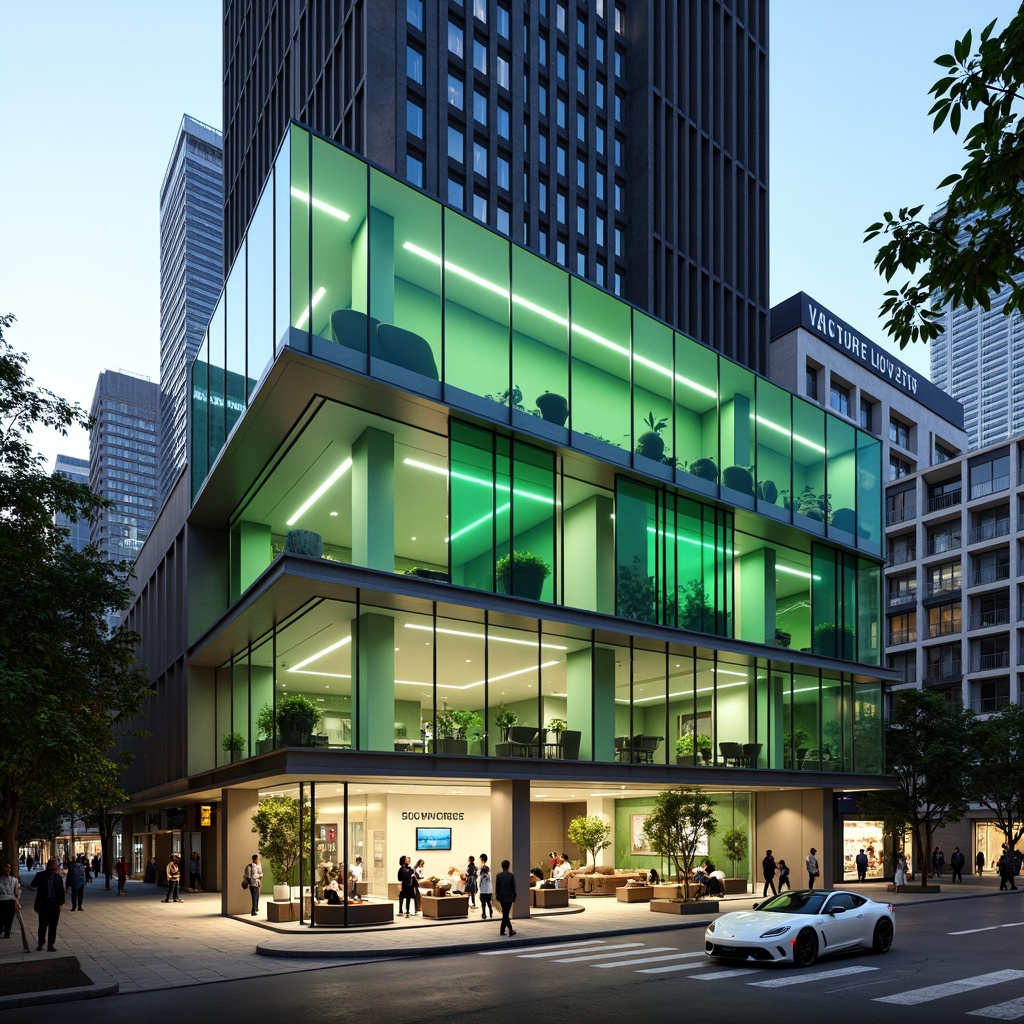 Prompt: Modern dental clinic facade, sleek glass surfaces, minimalist metal frames, vibrant LED lighting, calming green walls, natural stone accents, geometric patterns, futuristic architecture, urban cityscape, busy street scene, morning sunlight, shallow depth of field, 1/1 composition, realistic textures, ambient occlusion.