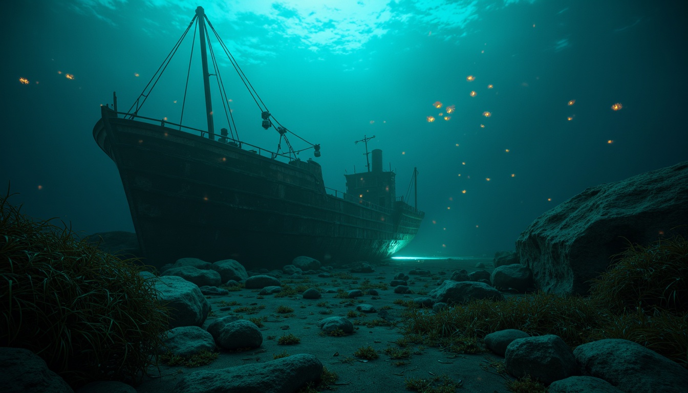 Prompt: Mysterious underwater scene, dark cyan hues, eerie bioluminescent creatures, glowing jellyfish, abandoned shipwreck, rusty metal debris, seaweed-covered rocks, misty ocean atmosphere, soft blue-green lighting, shallow depth of field, 1/2 composition, cinematic mood, realistic water textures, subtle ambient occlusion.