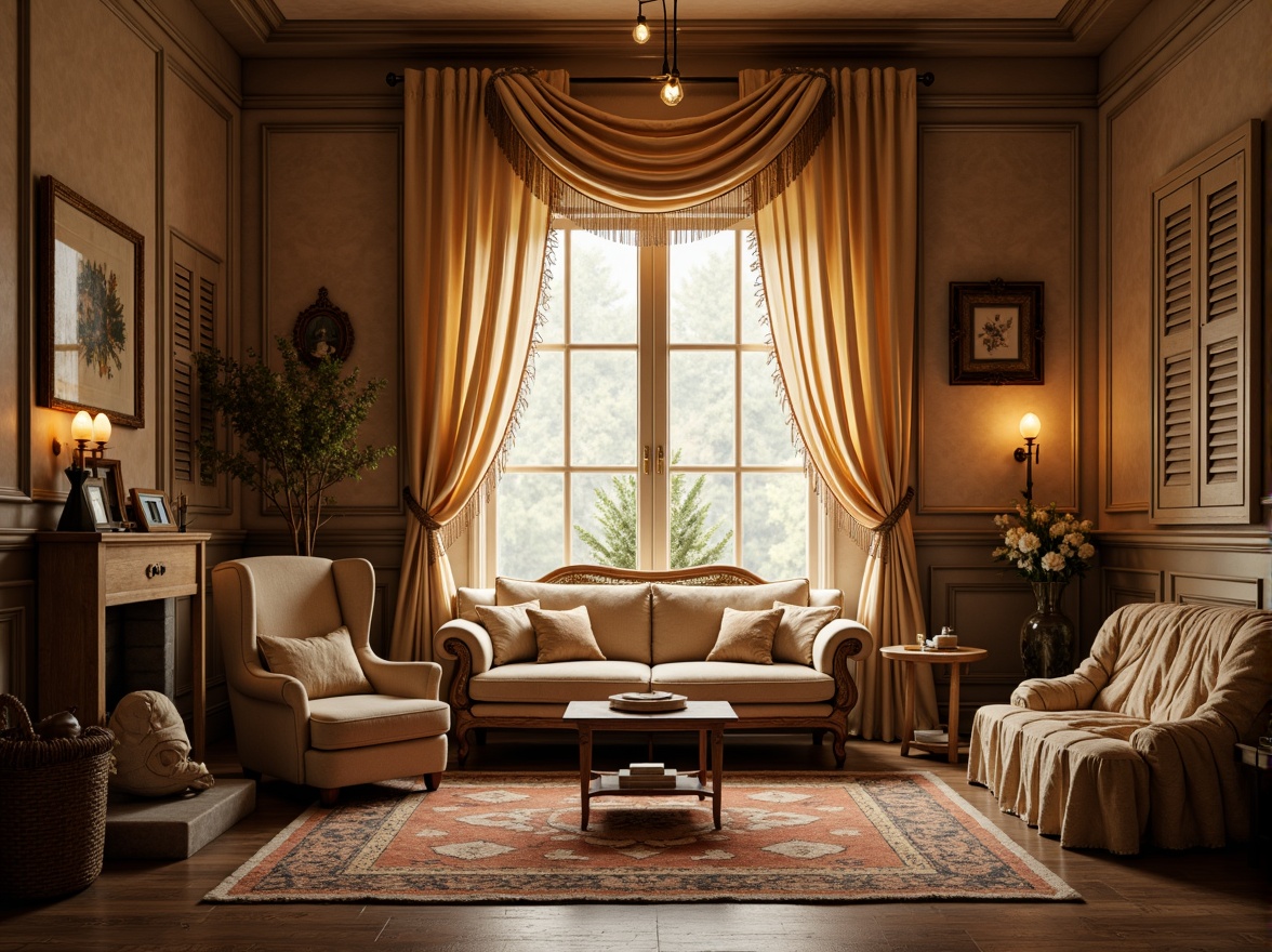 Prompt: Whimsical boudoir, soft velvety drapes, flowing silk curtains, delicate lace trimmings, ornate wooden shutters, distressed finishes, vintage hardware, romantic candlelight, warm golden hues, plush area rugs, luxurious fabrics, billowy sheers, subtle patterns, elegant folds, dramatic swags, opulent tassels, lavish trims, intimate ambiance, cozy nooks, relaxing atmosphere, soft focus, warm color palette, 1/2 composition, shallow depth of field.