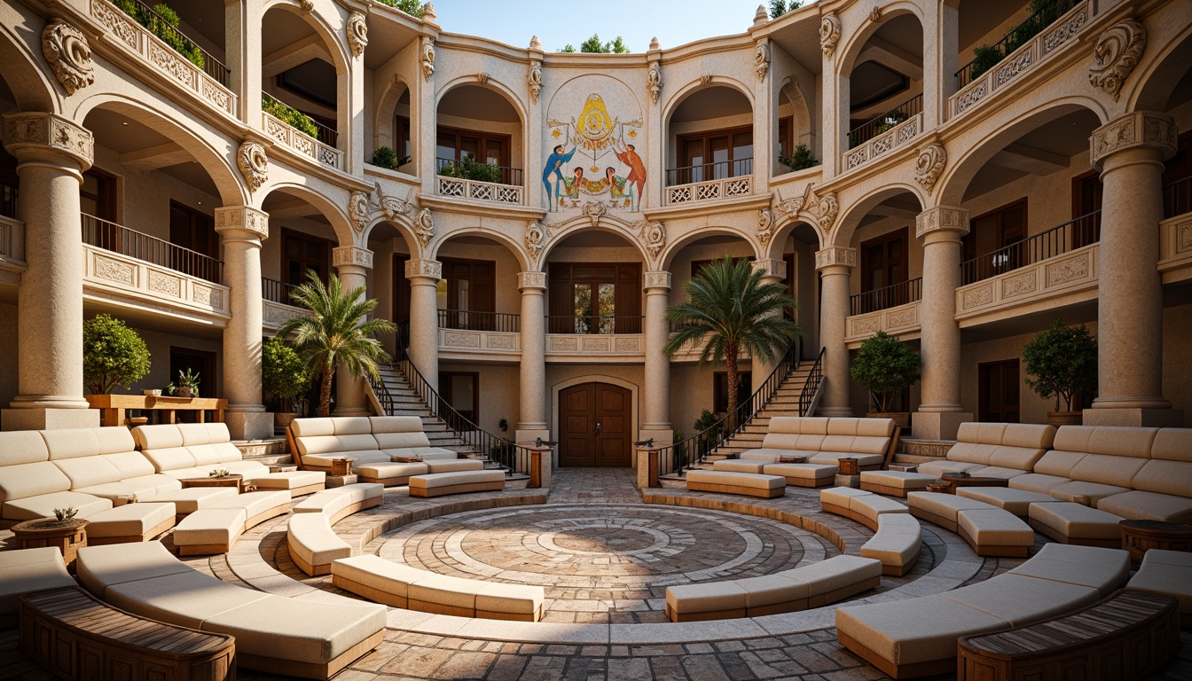 Prompt: Ancient Roman-inspired amphitheater, grandiose stone architecture, ornate carvings, majestic arches, vibrant frescoes, comfortable seating areas, curved rows of seats, plush cushions, wooden armrests, intricate mosaics, natural stone flooring, warm golden lighting, soft shadows, 1/2 composition, symmetrical framing, realistic textures, ambient occlusion.