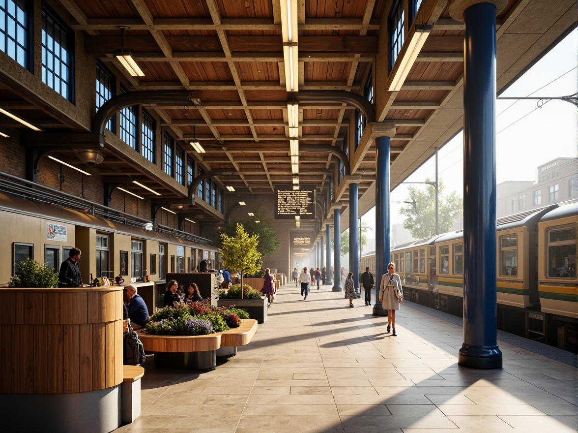 Prompt: Streamlined train station, Art Deco accents, metallic chrome details, rich walnut wood tones, creamy ivory ceilings, bold navy blue columns, warm golden lighting, sleek curved lines, geometric patterns, vintage luggage racks, industrial steel beams, polished marble floors, elegant typography signage, bustling urban atmosphere, morning commute rush, soft misty light, shallow depth of field, 1/1 composition, realistic textures, ambient occlusion.