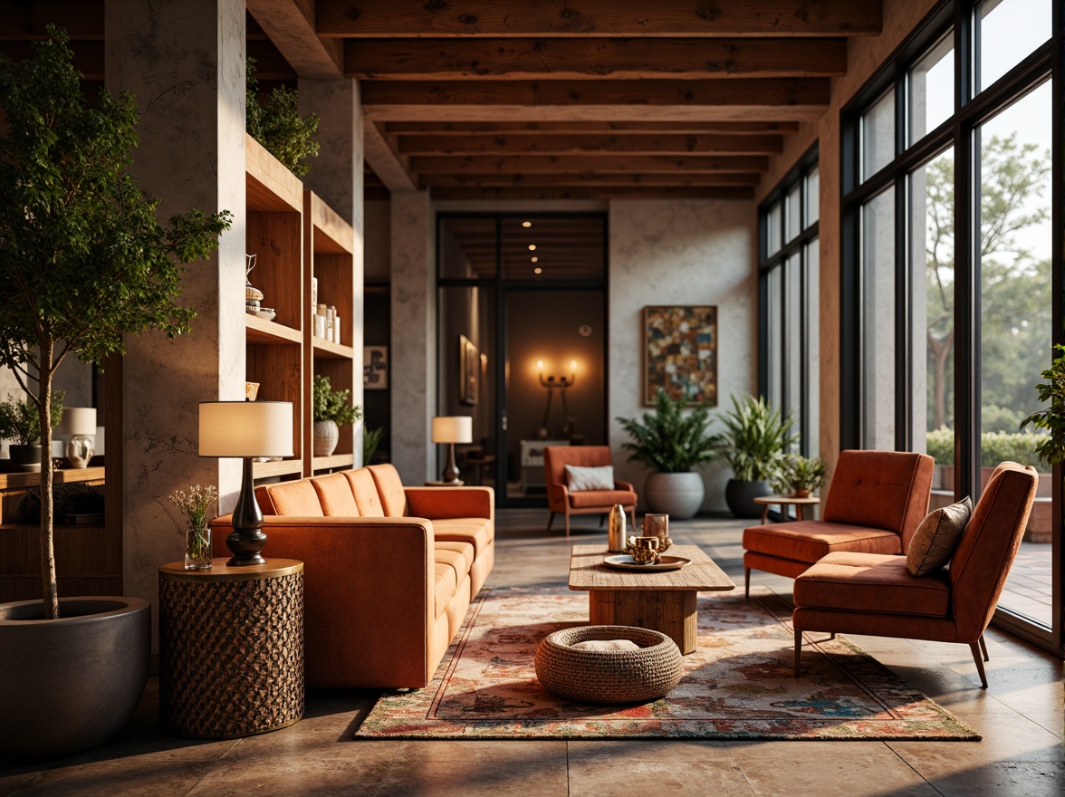 Prompt: Luxurious velvet fabrics, rich wood grain textures, metallic accents, sleek glass surfaces, natural stone walls, earthy terracotta tiles, soft suede upholstery, industrial metal beams, reclaimed wooden planks, vibrant colorful ceramics, intricate mosaic patterns, warm ambient lighting, shallow depth of field, 3/4 composition, realistic reflections, detailed normal maps.