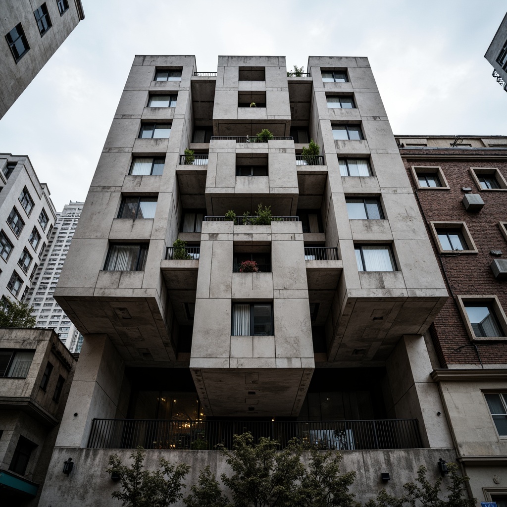 Prompt: Rustic brutalist building, exposed concrete facade, rugged stone walls, metallic beams, industrial pipes, urban cityscape, overcast sky, dramatic shadows, high-contrast lighting, abstract geometric patterns, fragmented forms, deconstructivist architecture, brutalist aesthetics, raw unfinished textures, monochromatic color scheme, bold structural elements, cantilevered volumes, dynamic diagonal lines, 1/2 composition, low-angle shot, cinematic atmosphere.