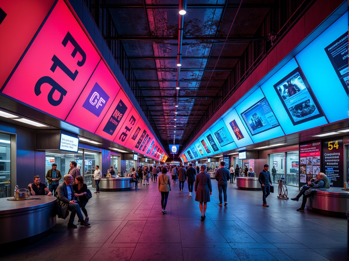 Prompt: Vibrant metro station, futuristic architecture, neon lights, bold typography, dynamic color schemes, contrasting hues, harmonious palettes, warm ambiance, cool tones, stainless steel accents, sleek glass surfaces, modern signage, intuitive wayfinding, bustling crowds, rush hour atmosphere, natural stone flooring, urban jungle feel, atmospheric lighting, subtle gradients, 3/4 composition, symmetrical framing, realistic textures, ambient occlusion.