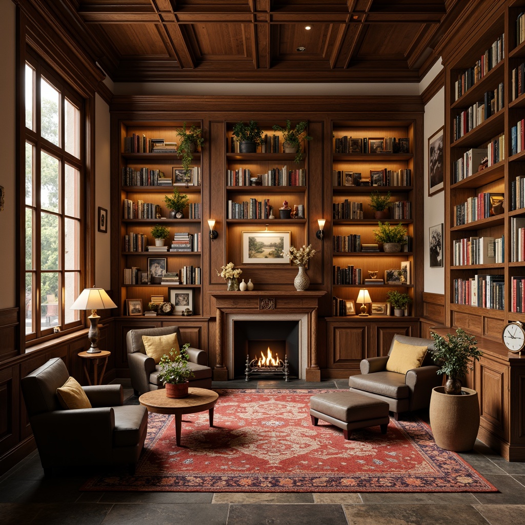 Prompt: Cozy library atmosphere, warm wooden shelves, vintage book collections, comfortable reading nooks, soft plush carpets, earthy tone color palette, rich walnut wood accents, creamy white walls, warm golden lighting, inviting leather armchairs, decorative lamp fixtures, subtle texture contrasts, natural stone flooring, calm ambiance, shallow depth of field, 2/3 composition, realistic rendering.