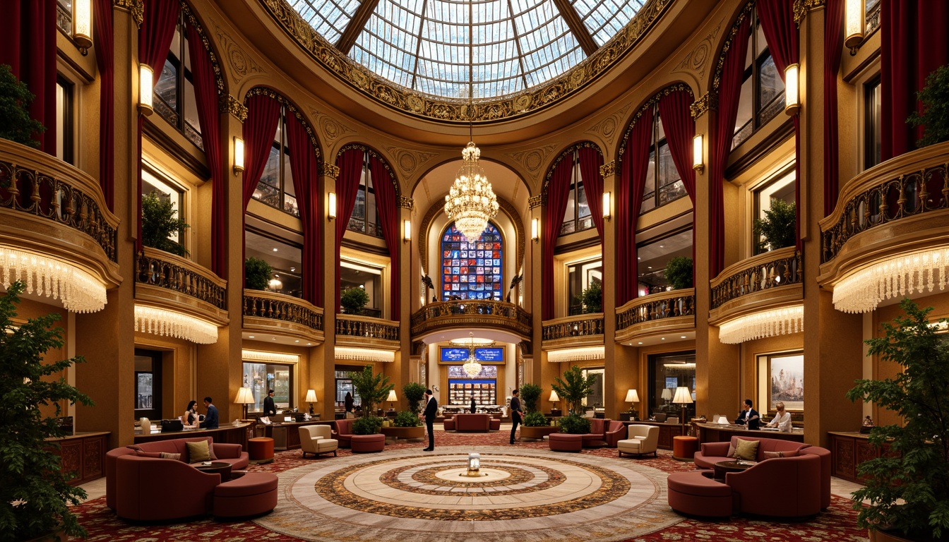 Prompt: Grandiose casino facade, intricately ornate details, curved lines, flowing shapes, luxurious materials, golden accents, rich velvet drapes, crystal chandeliers, stained glass ceilings, mosaic floors, elaborate moldings, sculpted furnishings, lavish decorations, opulent atmosphere, warm soft lighting, shallow depth of field, 1/2 composition, realistic textures, ambient occlusion.