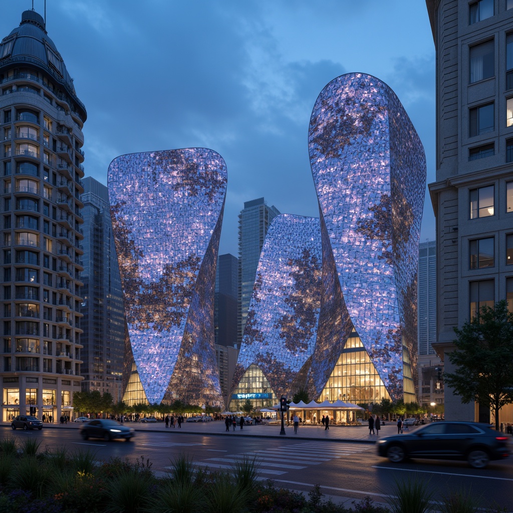 Prompt: Organic blob-shaped buildings, iridescent glass facades, shimmering LED lights, parametric architecture, futuristic urban landscapes, misty atmospheric effects, soft focus blur, 1/1 composition, symmetrical reflection, neon-lit nighttime scenes, glowing accents, holographic displays, translucent canopies, undulating curves, biomimetic patterns, responsive materials, adaptive shading systems, aerodynamic forms, wind-activated kinetic elements.