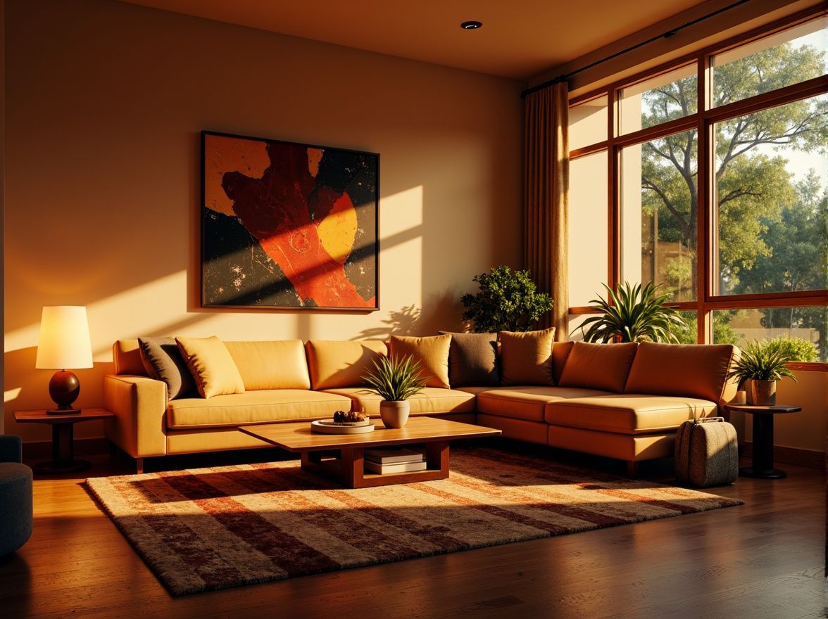 Prompt: Vibrant living room, warm cozy atmosphere, soft golden lighting, table lamps, floor lamps, dimmable LED lights, modern minimalist furniture, sleek low-profile sofas, abstract artwork, textured rugs, polished wooden floors, large windows, natural daylight, dramatic shadows, 1/2 composition, realistic rendering, ambient occlusion.